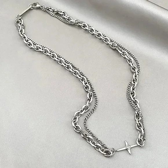 Brand New Cross CHUNKY THICK CHAIN CHOKER SPLICING DOUBLE LAYER NECKLACE - Picture 3 of 6